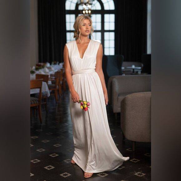 Dress the Population Krista Plunge Neck Side Slit Gown, Ivory, NWT, Size XXL - Picture 13 of 13